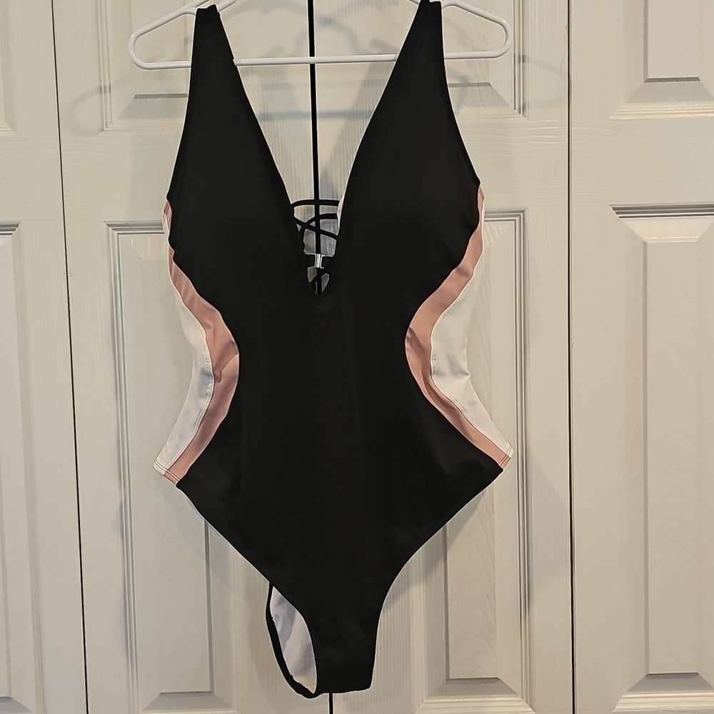 TA3 Plungey Triangle Black One-Piece Swimsuit with Rose and White Paneling